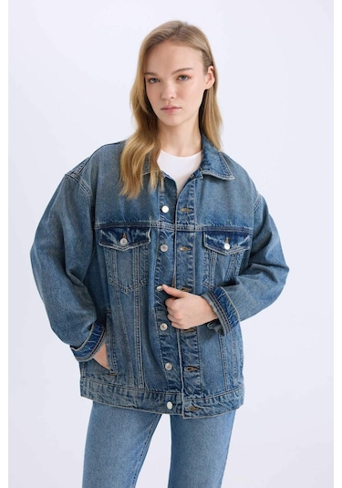 DeFacto Oversize Geniş Kalıp Jean Ceket D8664AX25SPNM28 Mavi