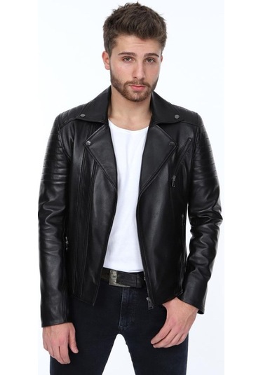 Hakiki Kuzu Derisi Yaka Detaylı Yandan Fermuarlı Erkek Deri Ceket Siyah Siyah