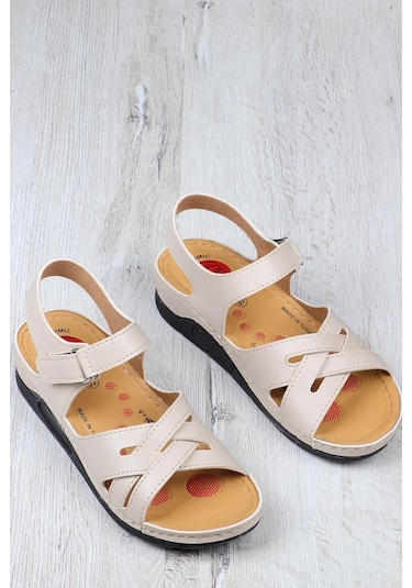 Vojo 847 Ortopedik Hafif Taban Günlük Anne Kadın Sandalet 267800001853 15 Krem Krem
