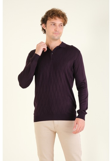 Giyim Dünyası Erkek Baklava Desenli Polo Yaka Merserize Kazak Mor 001