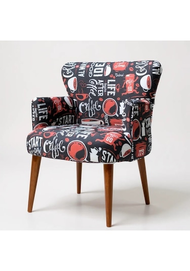 Roma Modern Tekli Koltuk Berjer - Dijital Baskılı Kumaş - Ahşap Ayak - Cafe Desen Cafe Desen