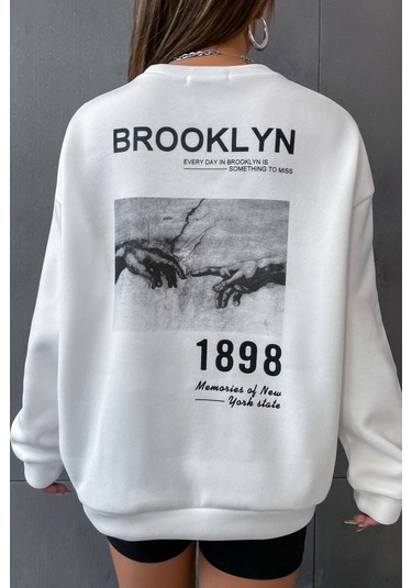 Modagen Unisex Beyaz Brooklyn 1898 Baskılı Bisiklet Yaka Oversize Sweatshirt Beyaz