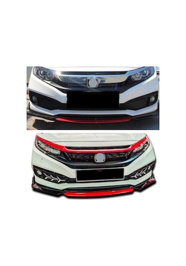 Üniversal Lip Honda Civic FC5 Tip Kırmızı Detaylı Ön Tampon Eki Kanatlı Lip 4 Parça