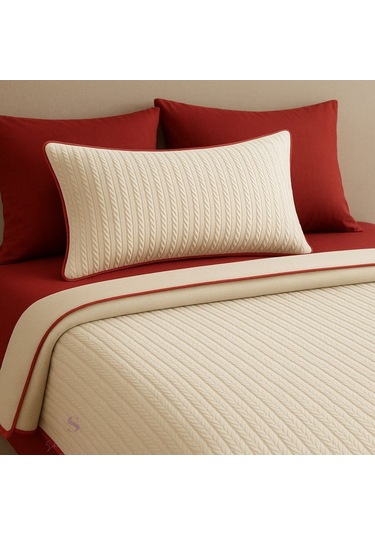 Kırmızı - Ekru Örgü Desen Tek Kişilik Nevresim Takımı Pike Tkm Kırmızı - Krem