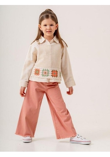 Kız Cocuk Gömlek Motif Desenli Süveter İkili Takım-15515 Bej