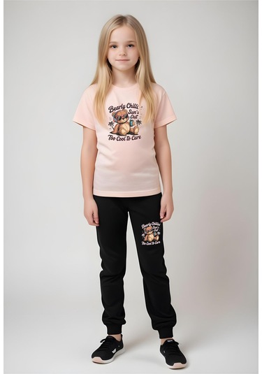 Fyk Kids Kız Çocuk Yuvarlak Yaka Baskılı Bearly Chillin Alt-üst Pijama Takımı Somon