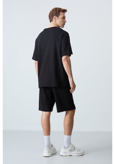 Tommy Life Siyah Pamuklu Kalın Yumuşak Dokulu Oversize Fit Basic Erkek Şort Takım - 85259