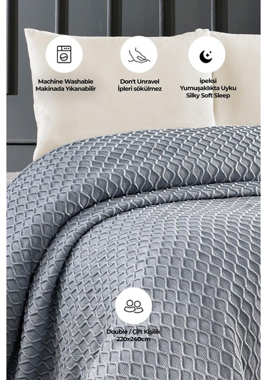 Akrilik Örgü Battaniye Çift Kişilik 220 X 240 Cm Yatak Örtüsü Pike Poly Gri