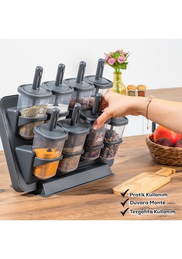 Porsima 1124 Standlı Kaydırmalı Kaşıklı Kapaklı Baharatlık Seti Antrasit