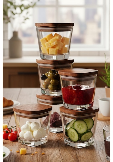 Prime - 6'lı Ahşap Vakumlu Kapaklı Cam Kahvaltılık Çok Amaçlı Cam Çerezlik 300 ml