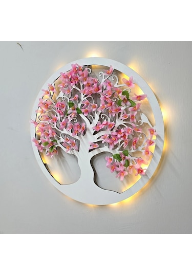 Led Işıklı Ve Pembe Sakura Hayat Ağacı Tablo 40cm - Beyaz