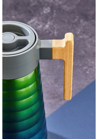 Cooker Ckr2097 2 L Çift Katmanlı Paslanmaz Çelik Termos Bambu Saplı - 12 Saat Sıcak 24 Saat Soğuk Piknik, Ofis, Otel, Kafe, Okul Mavi-yeşil