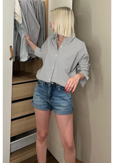 Madmext Siyah Çizgili Over Fit Gömlek Mg1525 Siyah