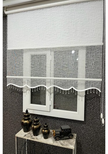 İncilifehome İcl1084 Çift Mekanizmalı Geometrik Desenli Tül Ve Stor Perde Kırık Beyaz Boncuklu Kırık Beyaz