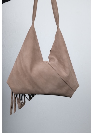 Rosalın Kum Hakiki Deri Süet Püsküllü Kadın Omuz Çantası Kum Beji