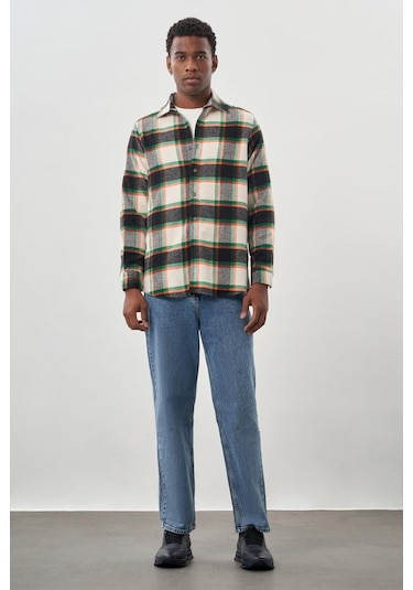 Siyah Yünlü Ekose Desen Yumuşak Yaka Cepsiz Uzun Kol Casual Comfort Fit Gömlek 1004245227 Siyah