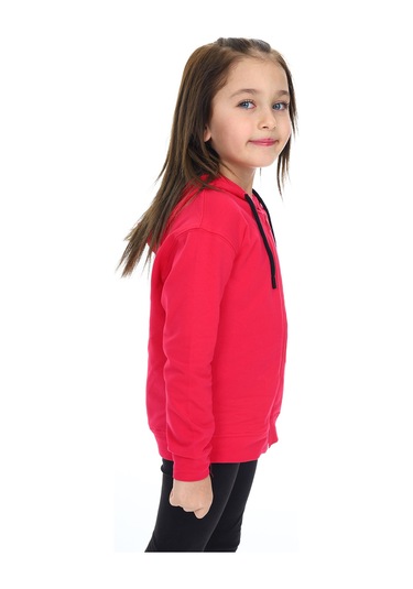 Toontoy Kız Çocuk Kapüşonlu Fermuarlı Cepli Düşük Omuz Nakış Baskılı Örme Hırka - 2 İplik Koyu Fuşya