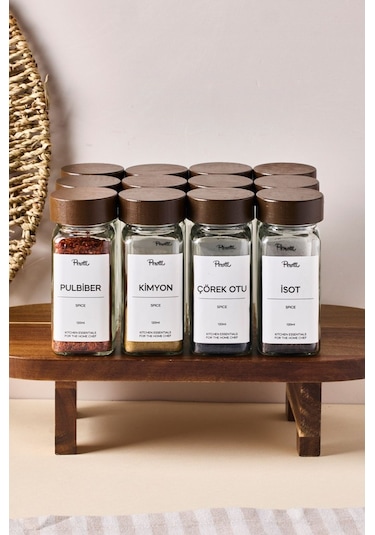 Perotti Raul Woody 12'li Akasya Kapak Baharatlık Seti 120ml + 30 Etiket 16779 Kahverengi