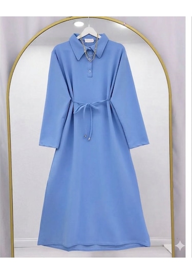 Lovie Moda Kadın Polo Yaka Bağcıklı Elbise - Mavi