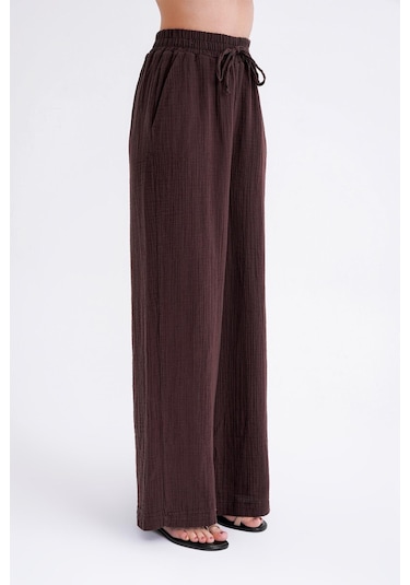 4286 Kadın Bol Paça Beli Lastikli Müslin Palazzo Pantolon Kahve Kahve