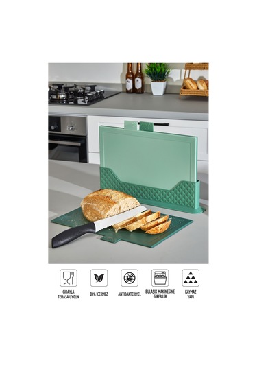 9'lu Mutfak Hazırlık Seti - Yatay Standlı Kulplu Kesme Tahtası Karıştırma Kabı Süzgeç Limon Sıkacağı Yeşil