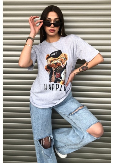 Modagen Kadın Happier Oversize Baskılı Gri T-shirt Hp Gri