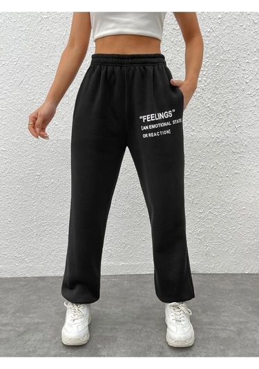 Feelings Jogger Eşofman Altı - Siyah Baskılı Lastik Paça Yüksek Bel Lastik Bel Siyah