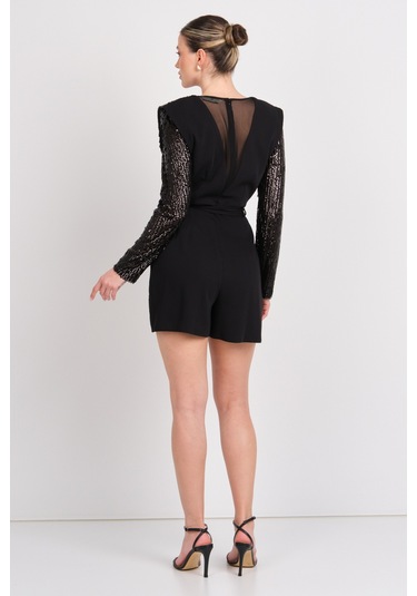 Explosion Kadın Ön - Arka Derin V Yaka Ve Transparan Payetli Kısa Abiye Tulum 2419 Siyah Siyah