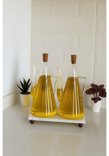 Qerhome Mermer Stantlı 2'li Glazzy Çizgili Tasarım Yağlık & Sosluk 750 Ml Şeffaf