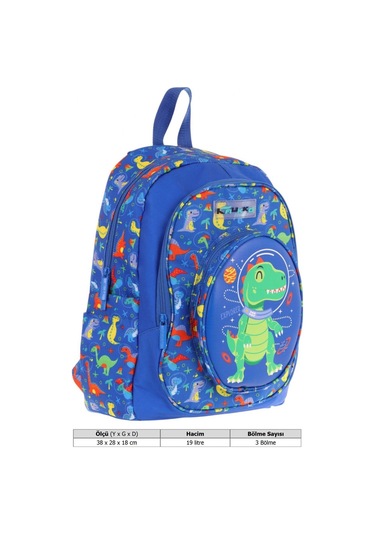 Kaukko Kids Üç Gözlü Erkek Çocuk Okul Sırt Çantası 3d Dinazor Detaylı - L5262 Mavi - Yeşil
