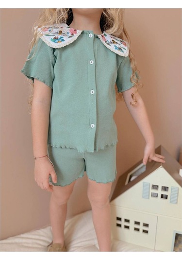 Nakışlı Bebe Yaka Kız Çocuk Takım Turkuaz