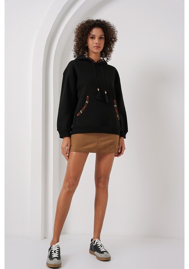 Bigdart 55443 Nakışlı Oversize Sweatshirt - Siyah