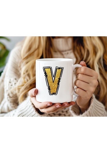 V Harfi Gold Simli Kupa Işıltılı Alfabe Harf Tasarımlı Kahve Kupası - Kişiye Özel Hediye Beyaz