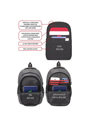 Dada 01 Gri Laptop Sırt Çantası 15,6 İnç Usb Type-c Şarj Aparatı Darbe Emici Koruma