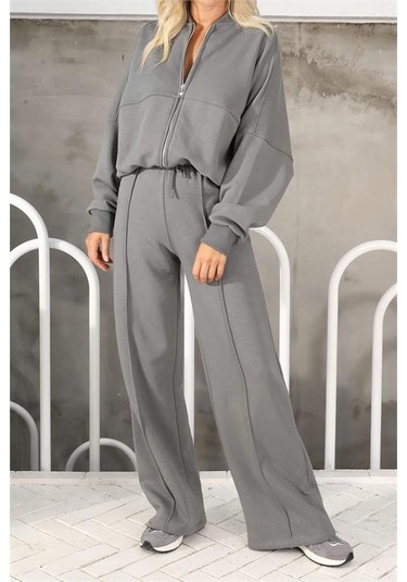 Neşeli Butik Kadın Penye 3 İplik Şardonlu Kumaş Eşofman Takımı Gts022 - Antrasit Antrasit