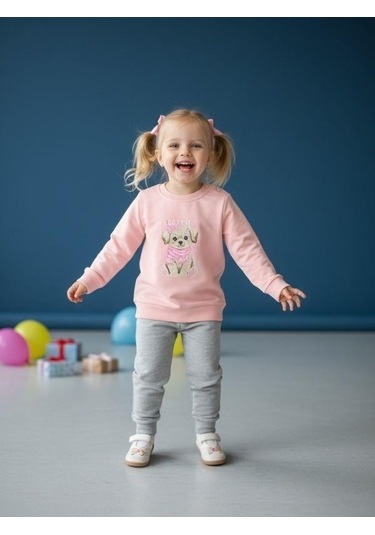 Zekids Kız Bebek Pamuklu Köpek Baskılı Eşofman Takımı-16567 Pembe