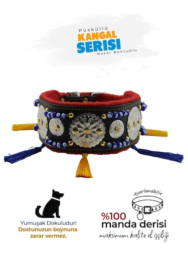 Kangal Malaklı Akbaş Püsküllü Deri Boyun Tasması Siyah