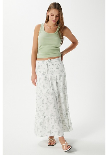 Kadın Rebekka Çiçekli Haki Astarlı Uzun Etek 17639 Beyazhaki Çok Renkli