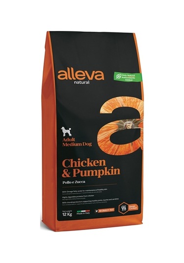 Alleva Tavuklu ve Balkabaklı Orta Irk Yetişkin Köpek Maması 12 KG