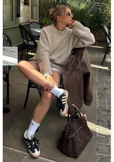 Bej Bisiklet Yaka Oversize Triko Kazak Mg1972 Bej