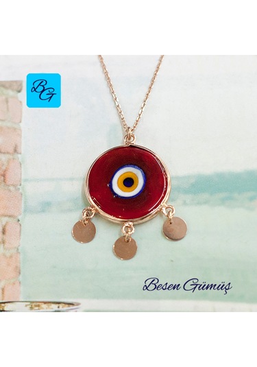 Üç Pullu Rose Yuvarlak Kırmızı Göz Kolye Rose - Gold -  Gümüş