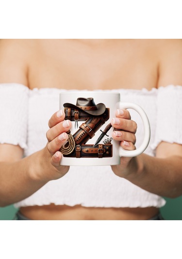 Z Harfi Kovboy Temalı Bardak 330 Ml İsim / Harf Kişiye Özel Hediye - Vahşi Batı Konsept Beyaz