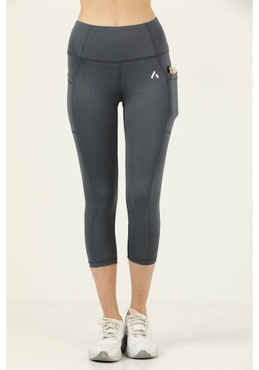 Kadın Antrasit Yüksek Bel Toparlayıcı Çift Cepli Diz Altı Kapri Tayt Capri Slim Fit 1054 Antrasit