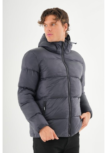 Erkek Kapüşonlu Fermuarlı Cepli Kışlık Şişme Kısa Mont Lacivert