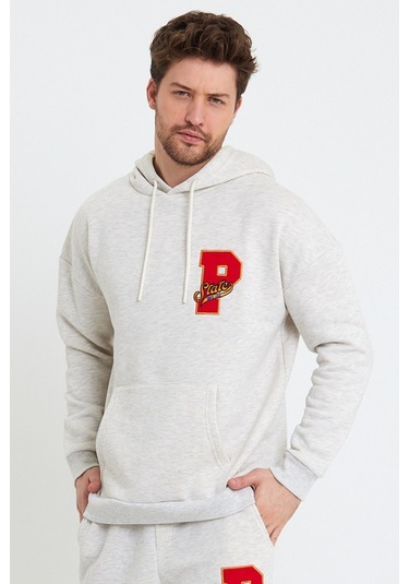 Polostate Erkek Kapüşonlu 3 İplik Sweatshirt Kar Melanj