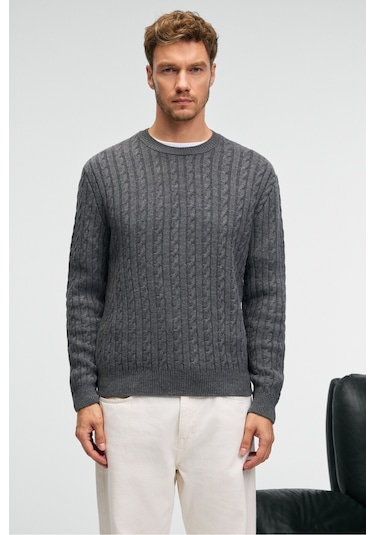 VINTLACE Erkek Yuvarlak Yaka Saç Örgü Desenli Regular Fit Triko Antrasit Kazak