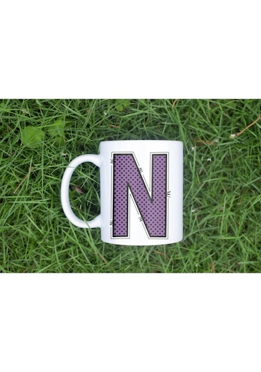 N Harfi Mor Puantiyeli Kupa Bardak - Polka Dot Tasarım Kahve Çay Bardak - Kişiye Özel Hediyelik Beyaz