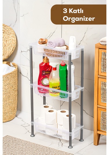 Porsima 5197 3 Katlı Raf - Çok Amaçlı 3 Katlı Evye Altı Düzenleyici Dolap Içi Tezgah Altı Organizer Şeffaf