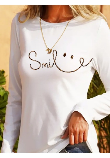 Nnstartshopping Kadın Uzun Kollu Bisiklet Yaka Gülümseyen Surat Desenli Viskon Bluz BEYAZ Beyaz