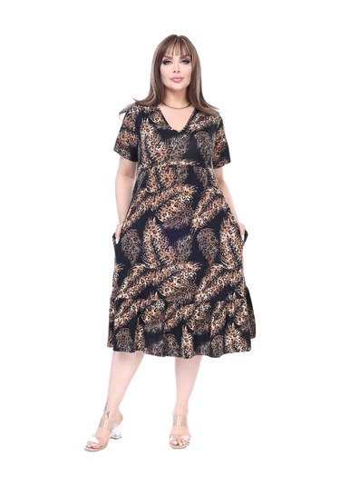 Melsay Butik Göğüsten Robalı V Yaka Kısa Kollu Siyah Başak Desen Cepli Elbise Lacivert